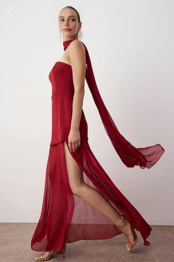 WOVCOR Woven Maxi Evening Dress with Shawl Detail