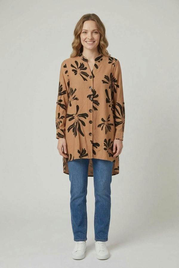 Beige | Printed Long Sleeve Relaxed Tunic Shirt