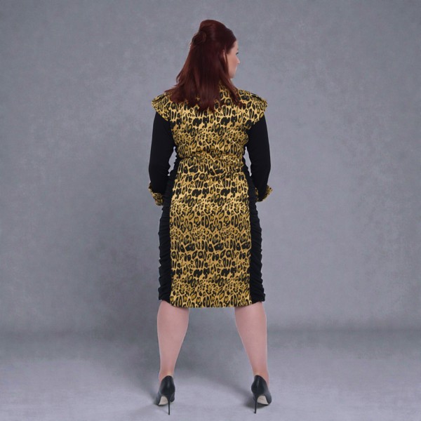 Women's Plus Size Black Gold Bodycon Midi Leopard Brocade Jacquard Dress styled with black heels for an elegant, polished look. Shown from the back. Plain Background.