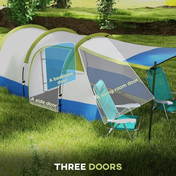 Three-door tent with green arches, blue base panels, and open entry doorways