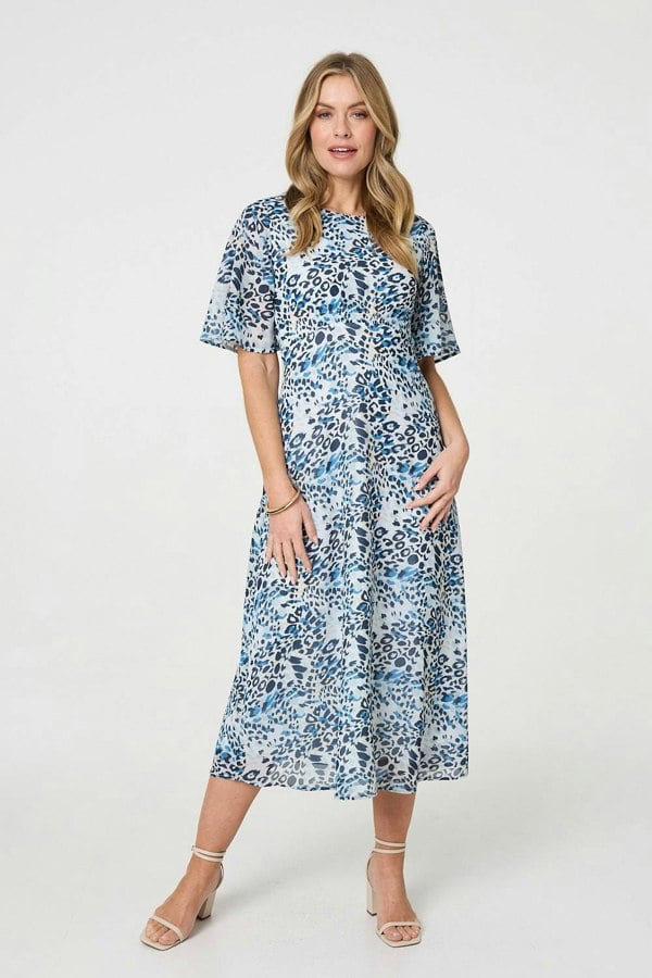 Blue | Animal Print Flared Sleeve Midi Dress
