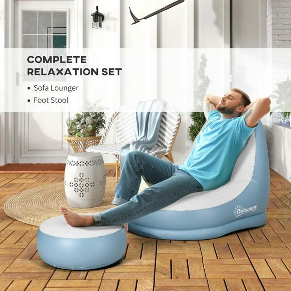Inflatable tub chair with matching footstool, white seat and light-blue inflatable frame
