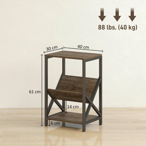Wyld Haus Elfi Nere Wooden Oak Narrow Side Table With 3 Tier Storage and V Shaped Magazine Holder 40 x 30 x 61 cm