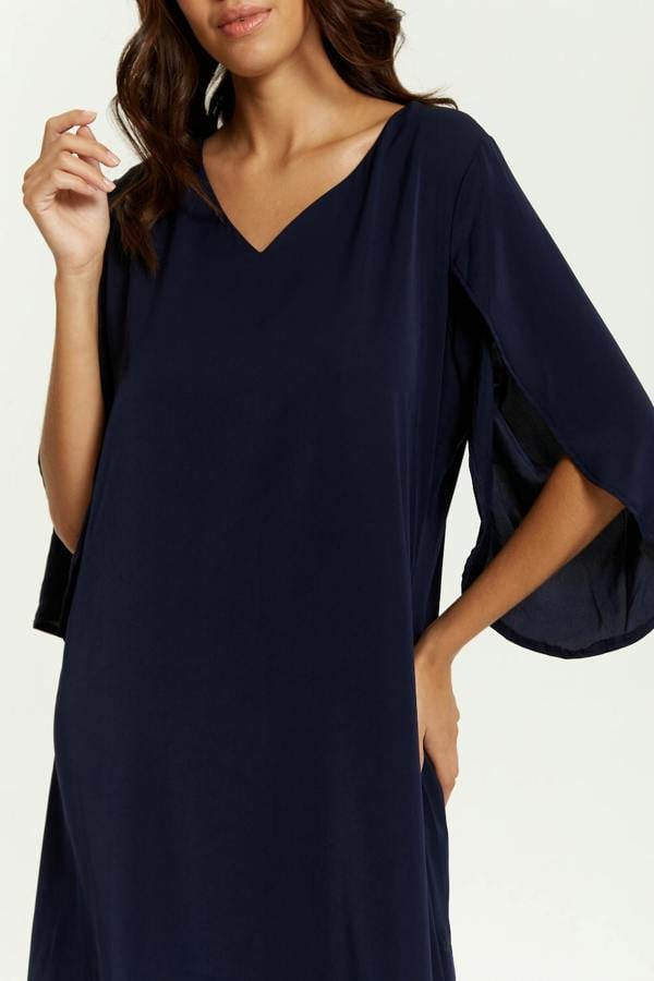 Hoxton Gal Oversized V Neck Tunic with Split Sleeves in Navy