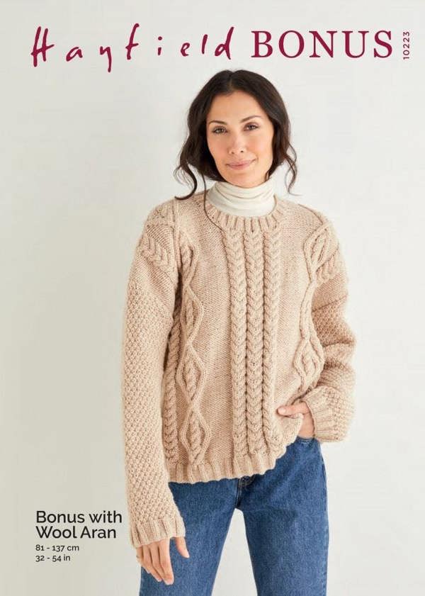 Hayfield Bonus Aran with Wool Knitting Pattern 10223, Sweaters for Women, 32 - 54 Inches