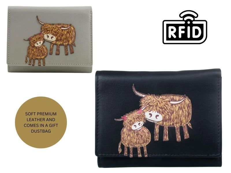 Mala Leather Highland Cow Mother & Daughter Leather Trifold Purse