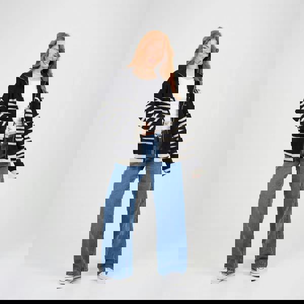 Brave Soul Black Stripe Zip Through Fisherman Knit Jumper - Black Image 3