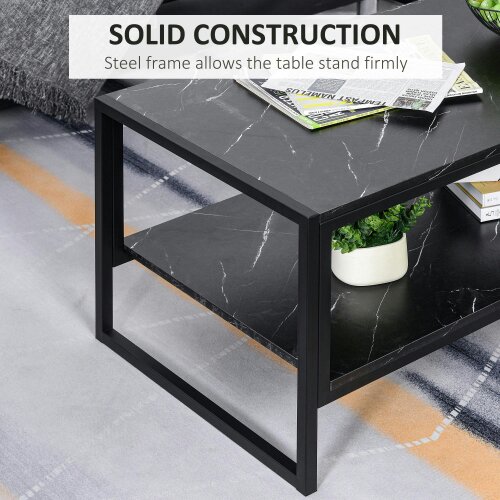 Wyld Haus Minaba Metal And Wood Black 2 Tier Marble Effect Coffee Table With Bottom Shelf