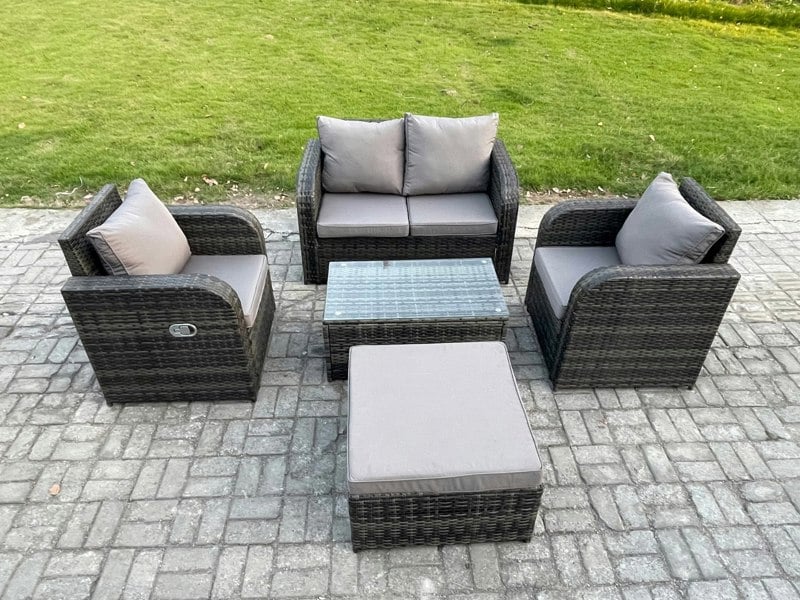 Fimous 5 PC Outdoor PE Rattan Garden Furniture Set Wicker Love Sofa Coffee Table 2 Armchair Big Footstool Dark Grey Mixed