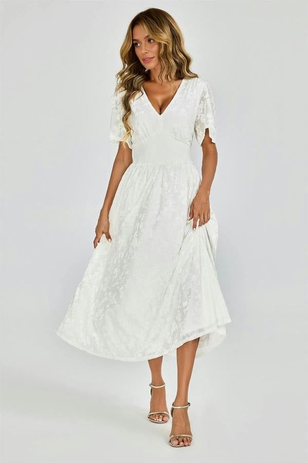 FS Collection Off White Velvet Burnout V-Neck Angel Sleeve Midi Dress