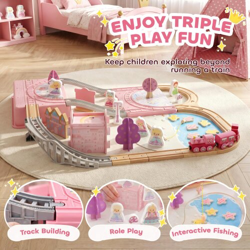 AIYAPLAY Wooden Train Set, Castle Railway Toy Gift for Girls Ages 36M+