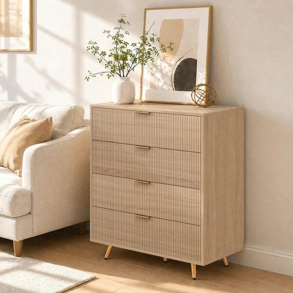Bedroom Chest of Drawers with 4 Drawers, Fluted Dresser with Gold Tone Handles, Storage Cabinet, Natural