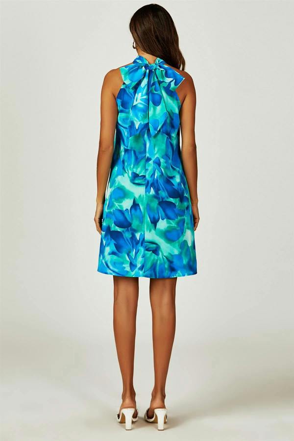 FS Collection Abstract Floral Print Halter Neck Tie Back Mini Dress In Blue