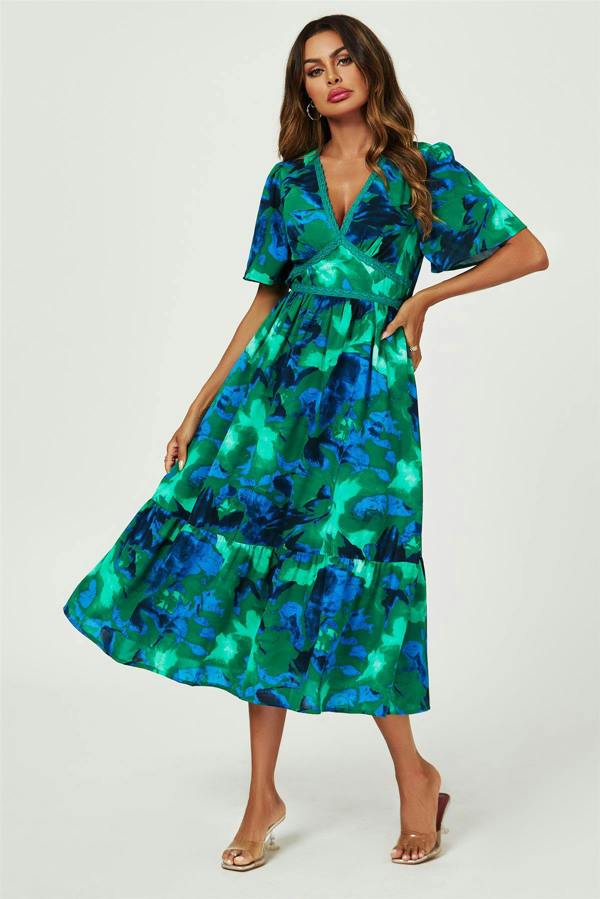FS Collection Abstract Floral Print Lace Detail Angel Sleeve Maxi Dress In Green