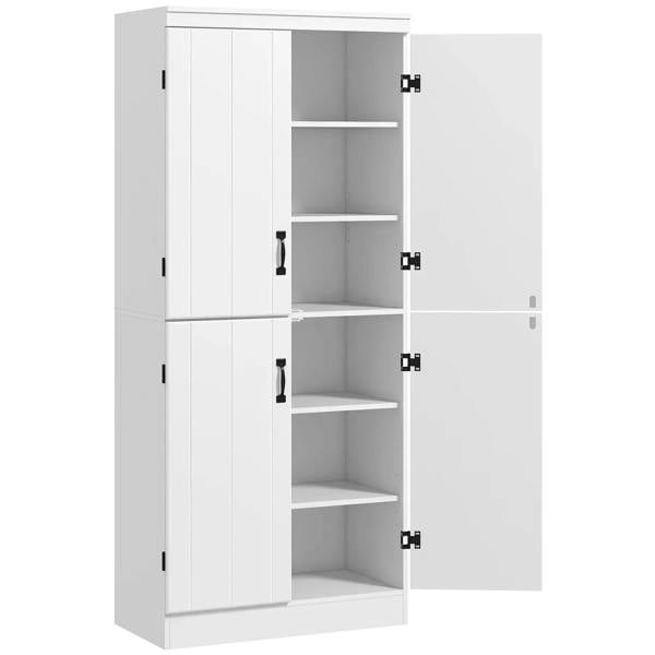 White freestanding storage cabinet with four doors and open interior shelves