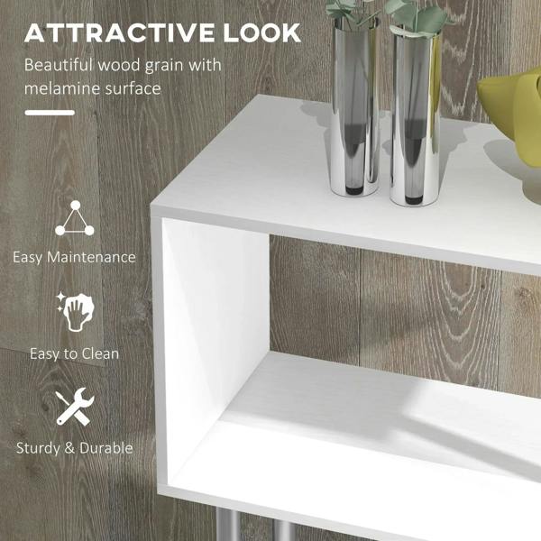 White open shelf with smooth melamine surface and metal side post support