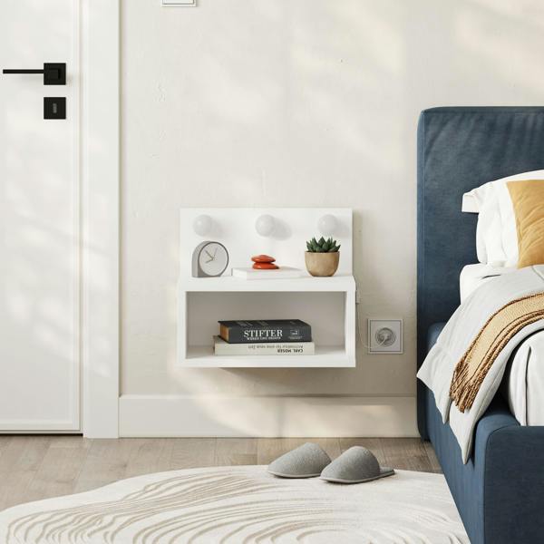 Decortie Floating Bedside Table with 3 LED Lights 30cm Modern Wall-mounted Open Shelf for Storage, Bedroom