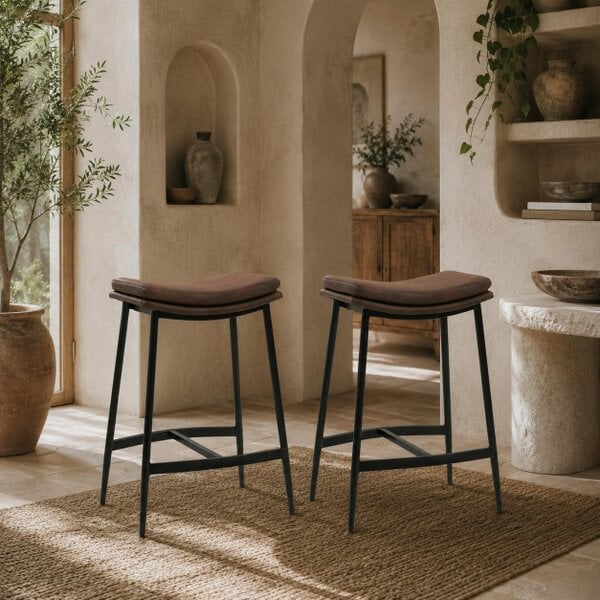 Wyld Haus Noveha Microfiber Brown Industrial Breakfast Bar Stools Set Of 2 With Curved Seat