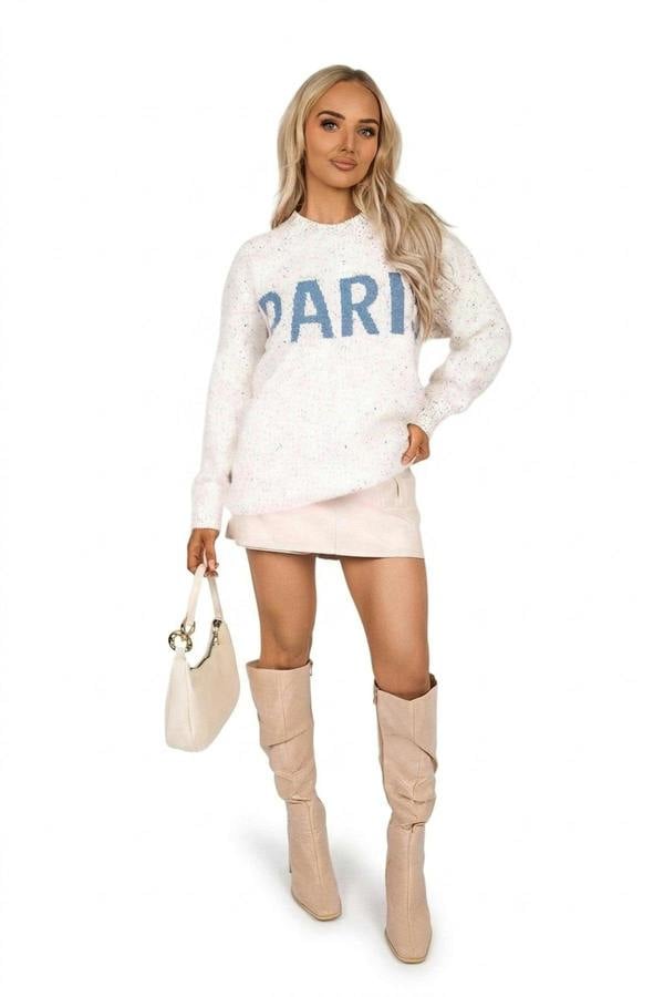 Jalina Long Sleeve Oversized Knitted Jumper With Paris Slogan - Beige_wb