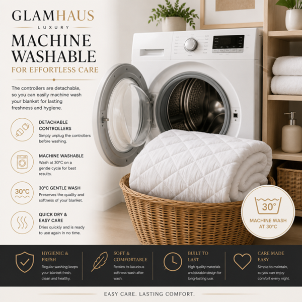 GlamHaus Double Size Electric Blanket - Fitted Mattress Bed Cover - White Diamond Quilted - Settings for Feet and Body, Timer
