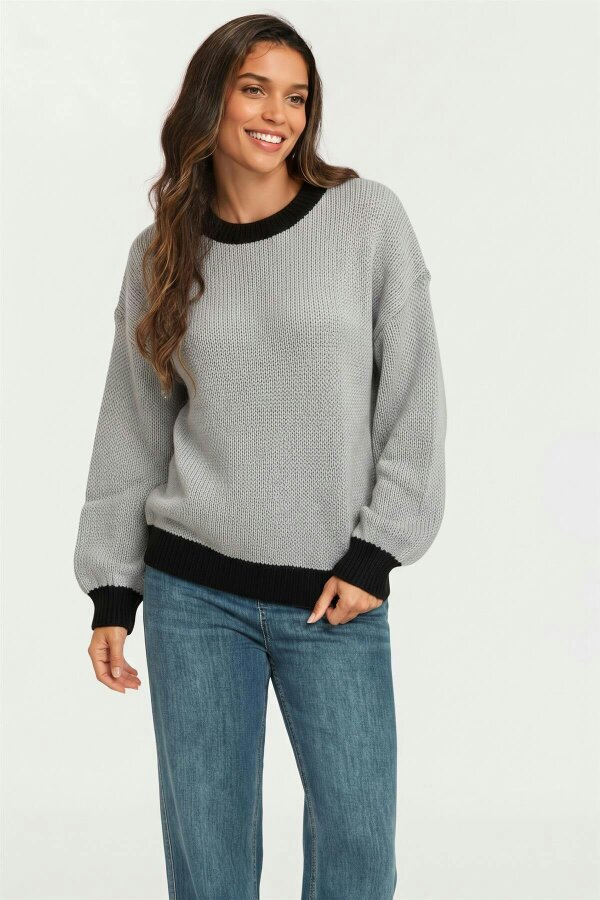 FS Collection Black Neck Knit Jumper Top In Grey