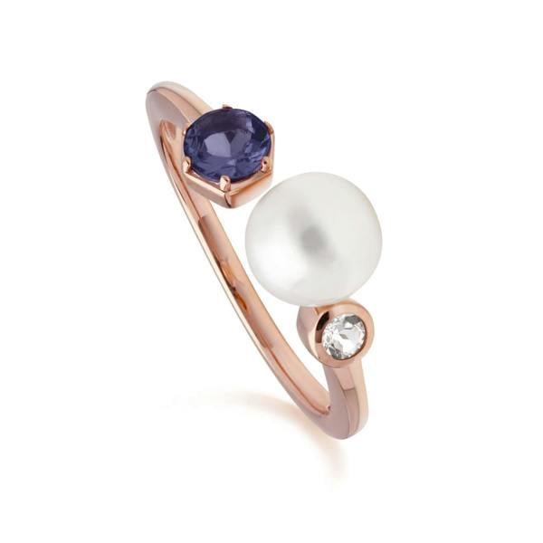 270R058808925 Modern Pearl, Tanzanite & Topaz Open Ring in Rose Gold Plated Silver 1