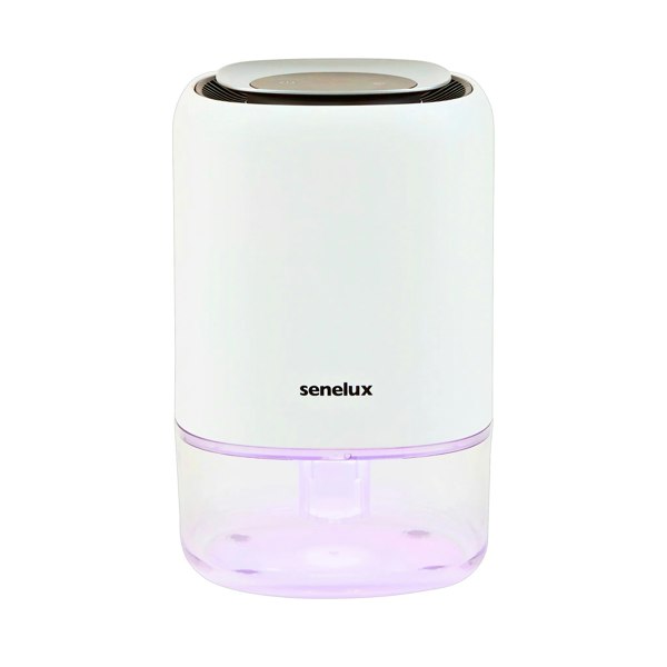 1100ml dehumidifier fully switched on with colour changing LED lights currently showing the pink colour vibrantly.