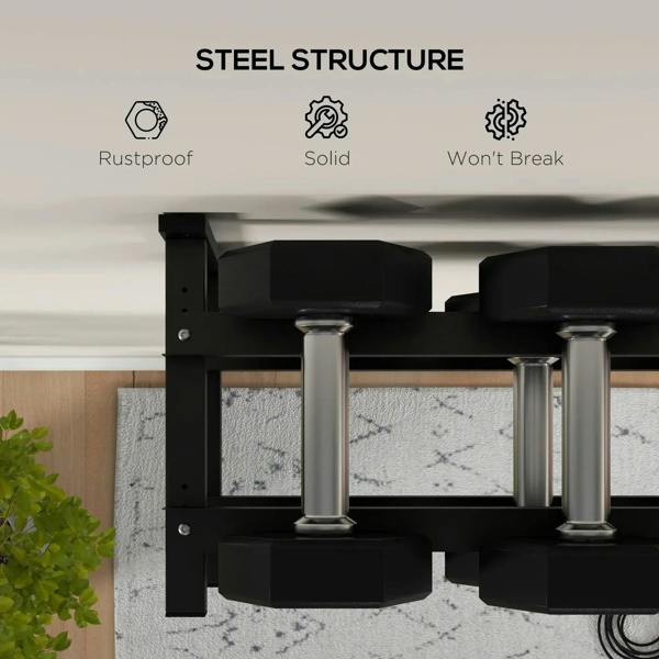 Black steel wall-mounted dumbbell rack with open slots and reinforced frame