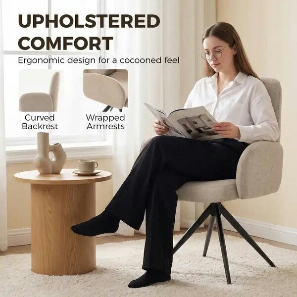 Swivel Accent Chair, Upholstered Linen-Look Armchair with Curved Backrest, Wrapped Armrests for Living Room, Light Brown