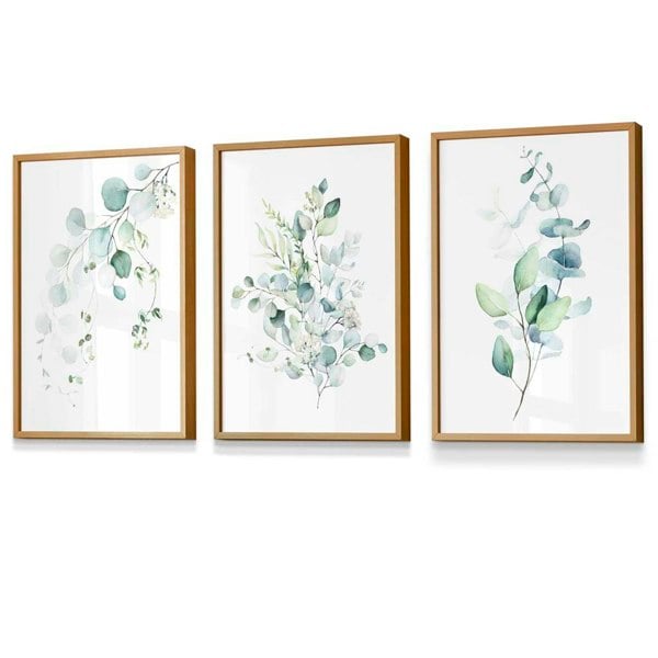 Artze Wall Art FLORAL Set of 3 Eucalyptus Blue Green Leaves Framed Prints