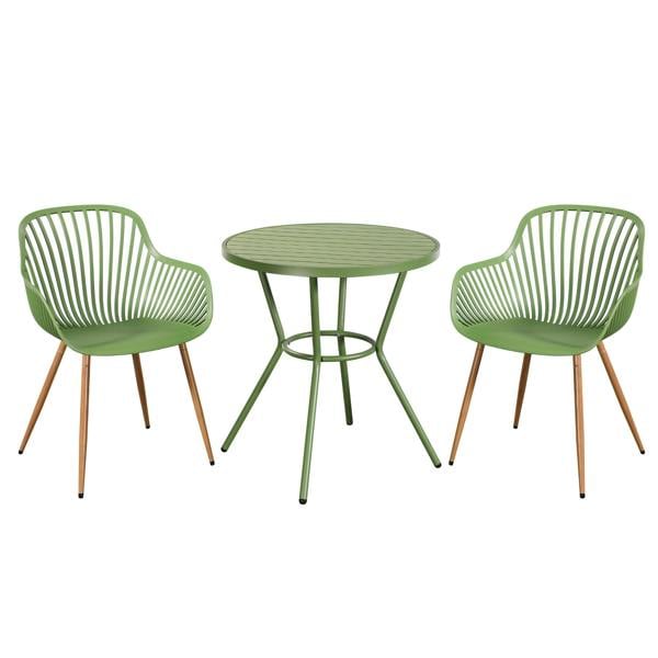 Core Products 3 Piece Bistro Garden Set, Pair Of Sunray Armchairs & Round Plastic Table, Moss Green With Wood Effect Legs