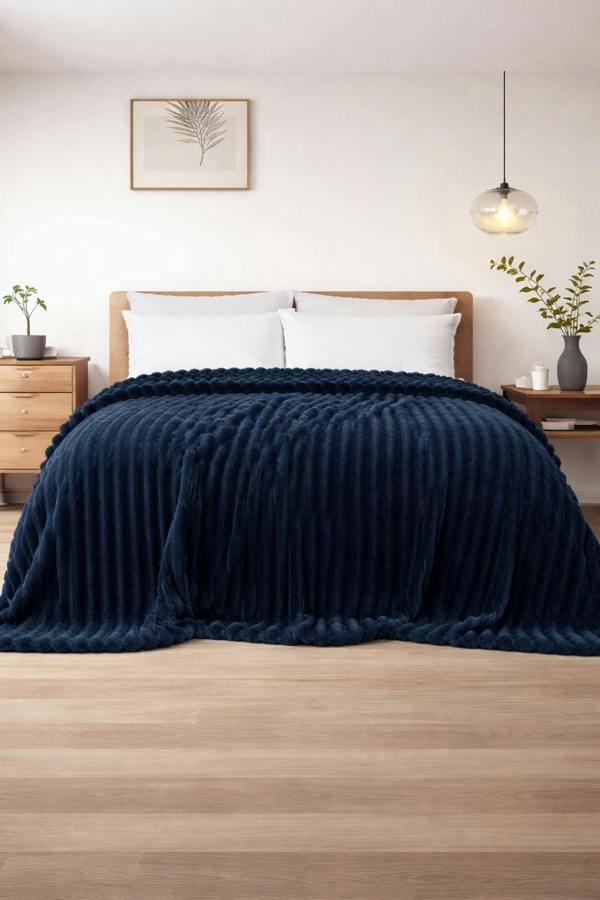 Dyzi Ribbed Jacquard Fleece Bed Blanket Throw 150x200cm Navy