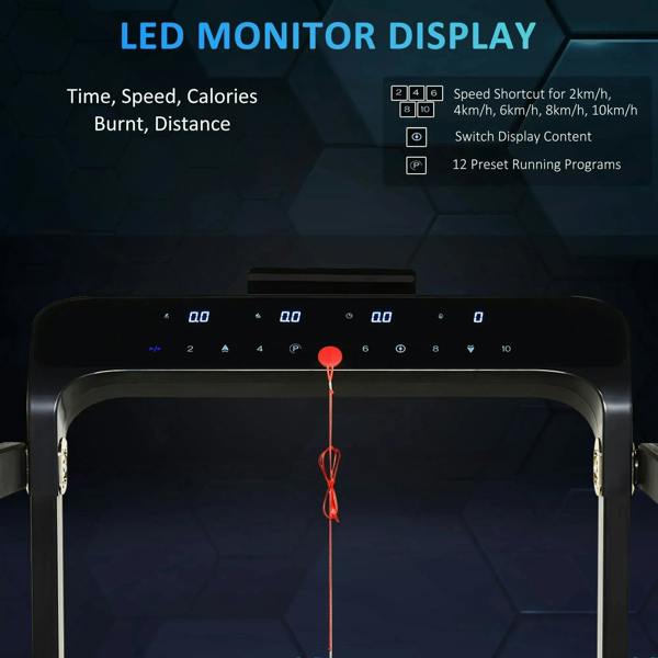 Black treadmill control panel with LED monitor display and speed program icons