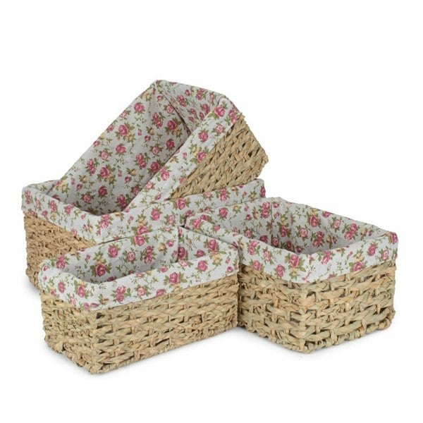 Small Thatch Grass Woven Storage Basket with Garden Rose Cotton Lining