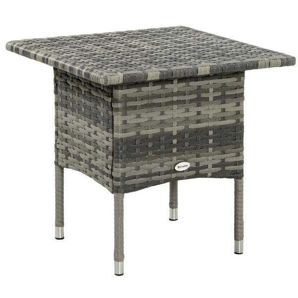 Grey woven rattan side table with square top and four metal legs