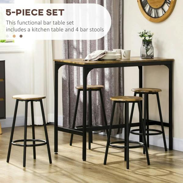 Bar table set with rustic brown tabletop and four black stools