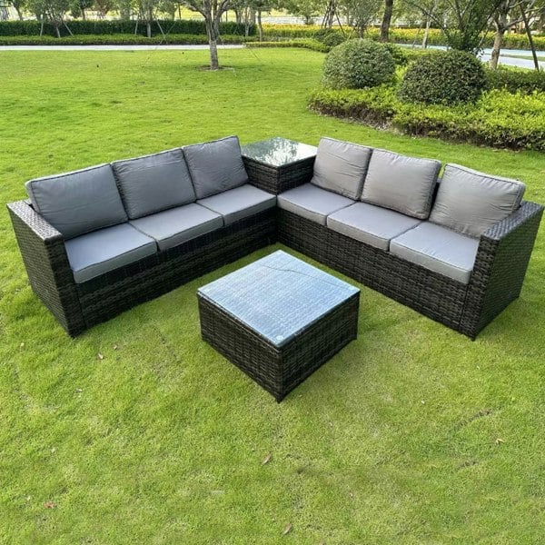 Furniture One Rattan Corner 6 Seater Sofa Set, Padded Garden Lounge Set with Side Table & Tempered Glass Coffee Table