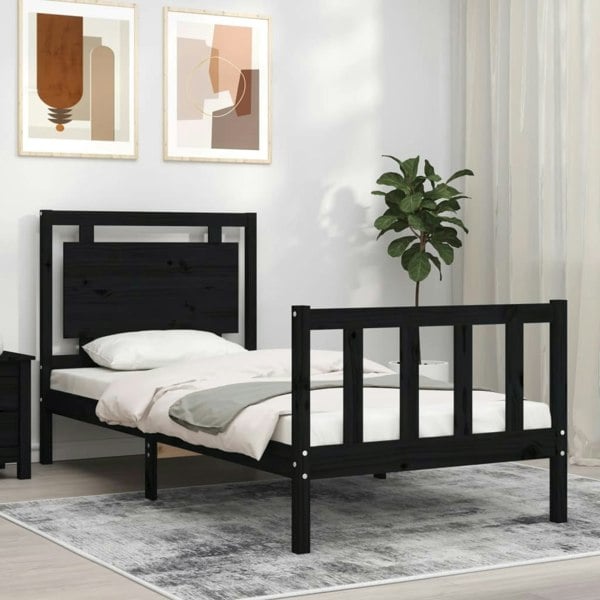 Berkfield Bed Frame with Headboard Black Small Single Solid Wood