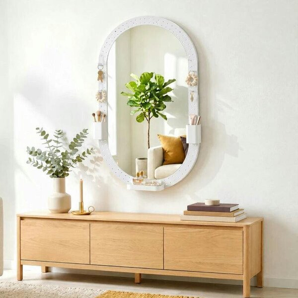 Oval Wall Mirror, 60 x 90 cm Decorative Hanging Mirror with Pegboard Frame, Wall-Mounted, White