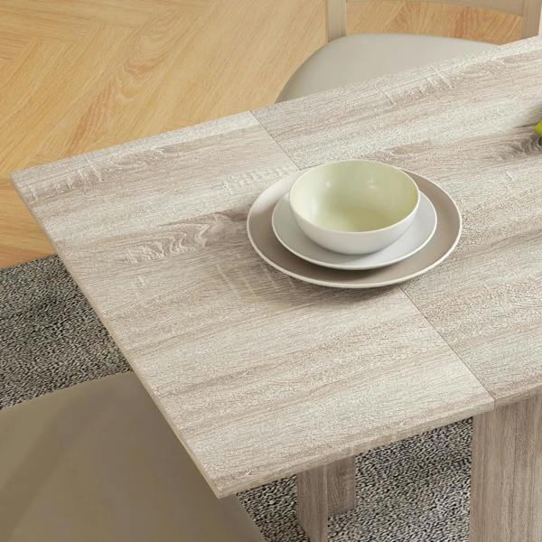 Oak-effect drop leaf dining table top with plates and bowl set