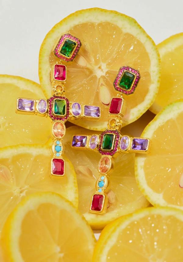 Latelita Maria Extra Large Gemstone Fashion Earrings Gold (Cross)