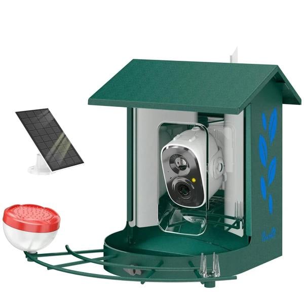 Green smart bird feeder camera with built-in camera module and solar panel accessory