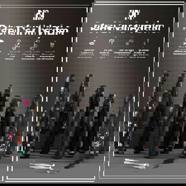 Several ION8 water bottles, in various sizes and designs, are displayed on a gray surface. The bottles are predominantly black, some with colorful space-themed designs. Accompanying text promotes the product line and its accessories.