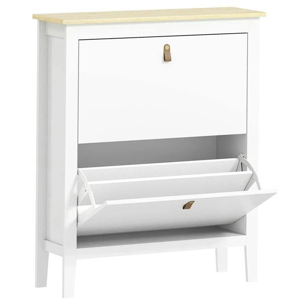 White two-drawer shoe cabinet with open top drawer and inner compartments