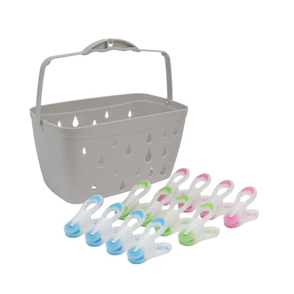 JVL Plastic Peg Basket, Grey with 36 Prism Soft Touch Mini Plastic Pegs, Multi