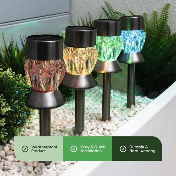 Gardenwize Pack of 4 Solar Round Crystal Stake Lights – Colour Changing LED Garden Lights