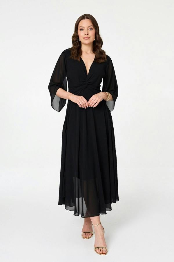 Black | Twist Front Layer 3/4 Sleeve Maxi Dress