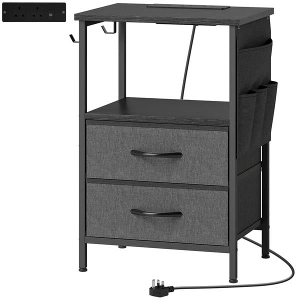Black bedside table with charging station, two drawers and cable outlet