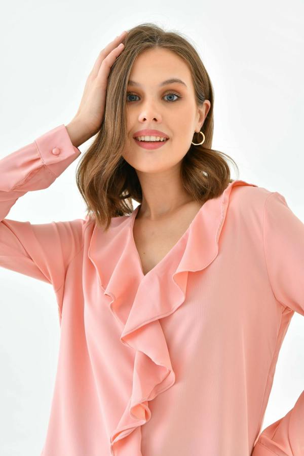 Hoxton Gal Oversized Long Sleeve Frilled Front Blouse Top in Pink