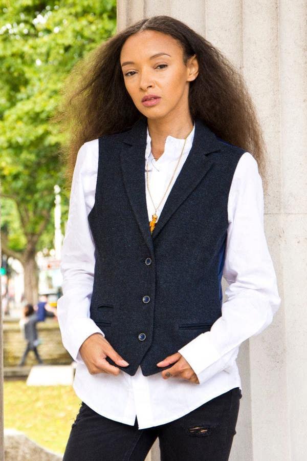 TruClothing Womens Tweed 1920s Herringbone Navy Waistcoat